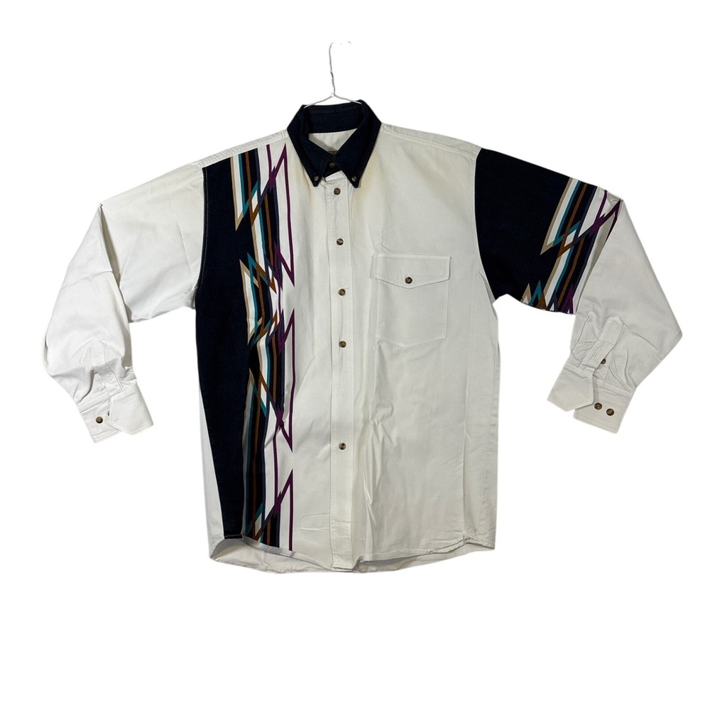 Express Rider Mens  White Western Button Down Shirt Geometric Graphic Cotton 90s